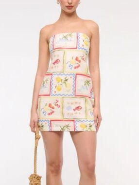 Strapless Cream Tropical Print Mini Dress